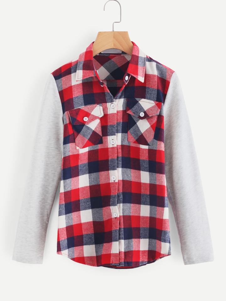 Romwe Contrast Sleeve Checked Shirt