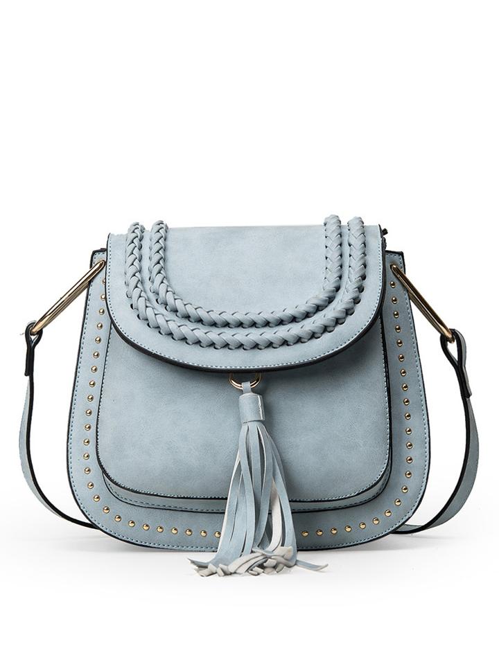 Romwe Braided Tassel Trimmed Studded Saddle Bag - Light Blue