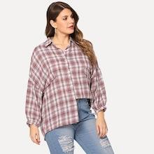 Romwe Plus Lantern Sleeve Plaid Blouse
