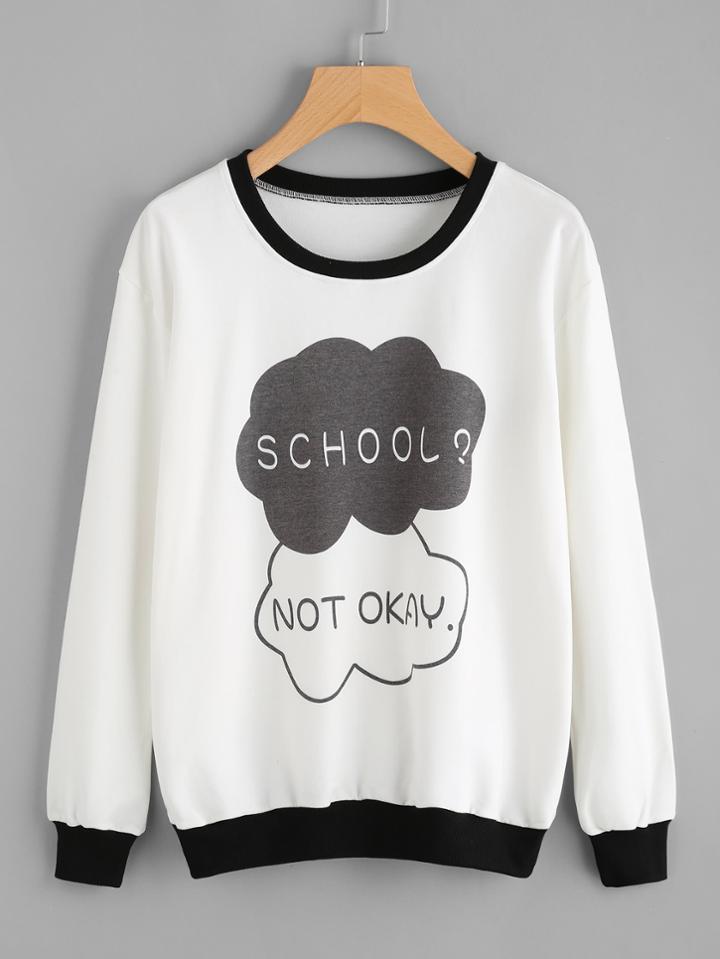 Romwe Letters Print Contrast Trim Sweatshirt