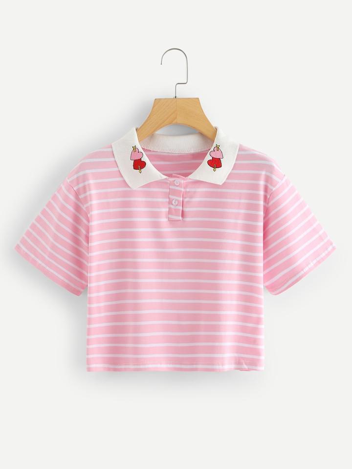 Romwe Heart Embroidered Striped T-shirt