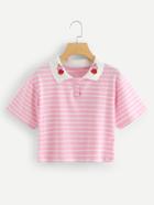 Romwe Heart Embroidered Striped T-shirt