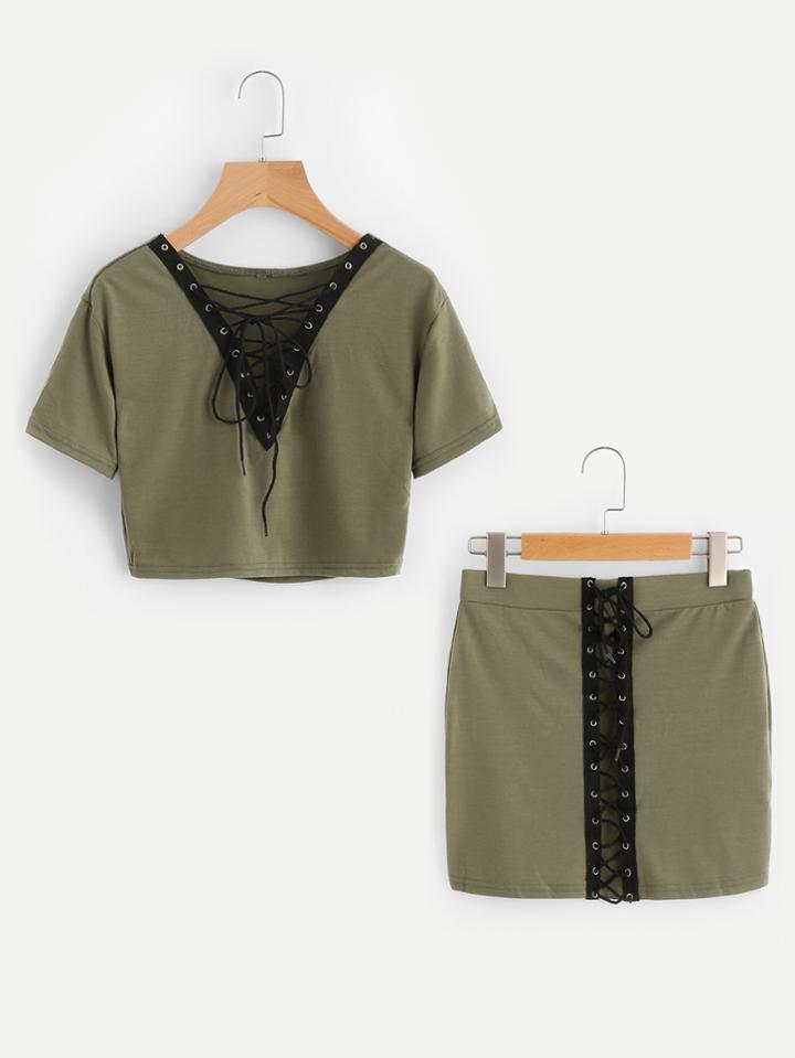 Romwe V-neckline Lace Up Tee With Skirt