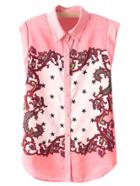 Romwe Watermelon Red Sleeveless Buttons Front Print Blouse