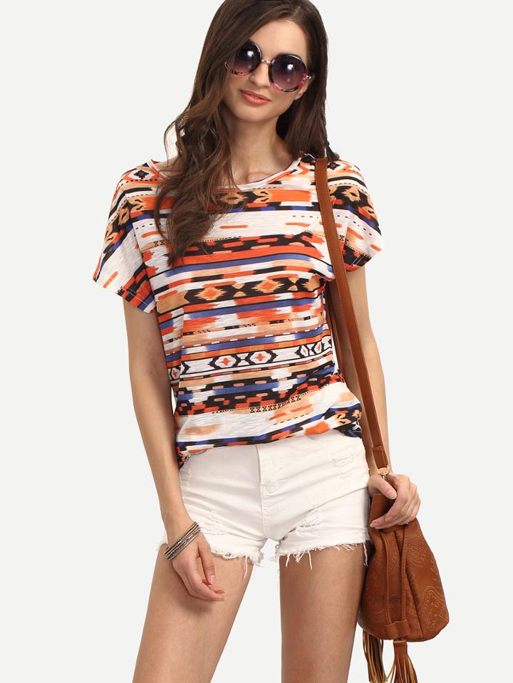 Romwe Multicolor Print Short Sleeve T-shirt