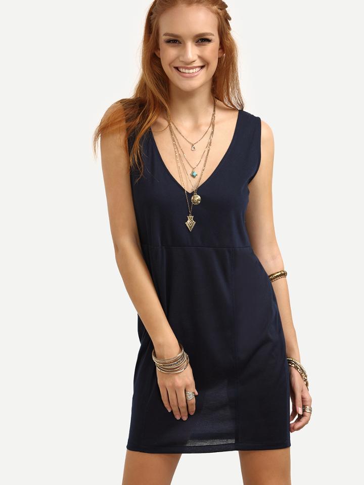 Romwe Double V-neck Sleeveless Dress - Navy