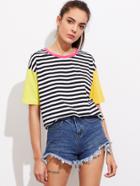 Romwe Contrast Neck And Sleeve Striped Tee