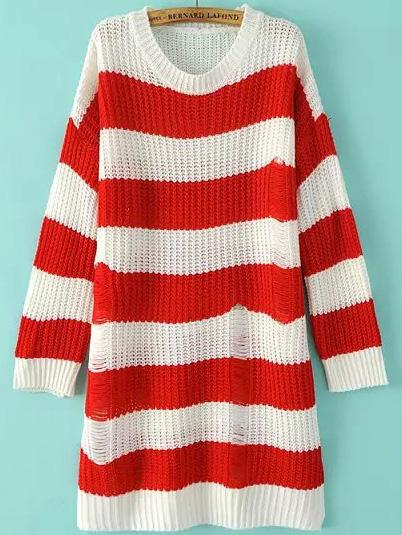 Romwe Open-knit Striped Red Sweater