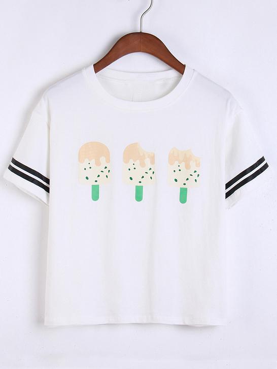 Romwe Popsicle Print Striped Sleeve T-shirt - White