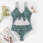 Romwe Random Calico Print Cut-out Tie Front One Piece Swimwear