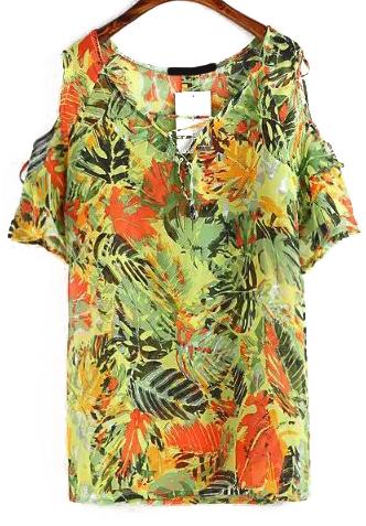 Romwe Open Shoulder Tropicals Print Green Top