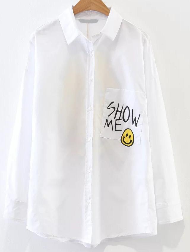 Romwe White Smile Face Print Blouse With Pocket