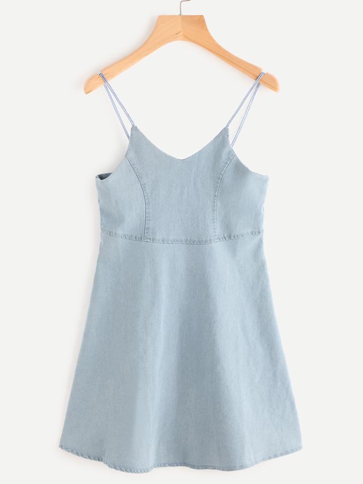 Romwe V Neckline Zip Back A Line Denim Dress