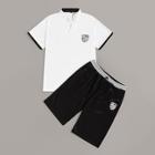 Romwe Guys Contrast Trim Patched Tee With Drawstring Shorts