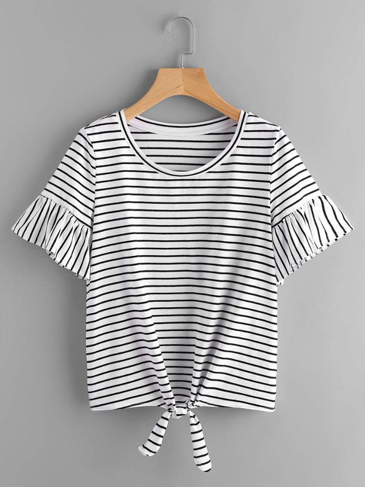 Romwe Trumpet Sleeve Knot Front Striped Tee