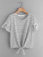 Romwe Trumpet Sleeve Knot Front Striped Tee