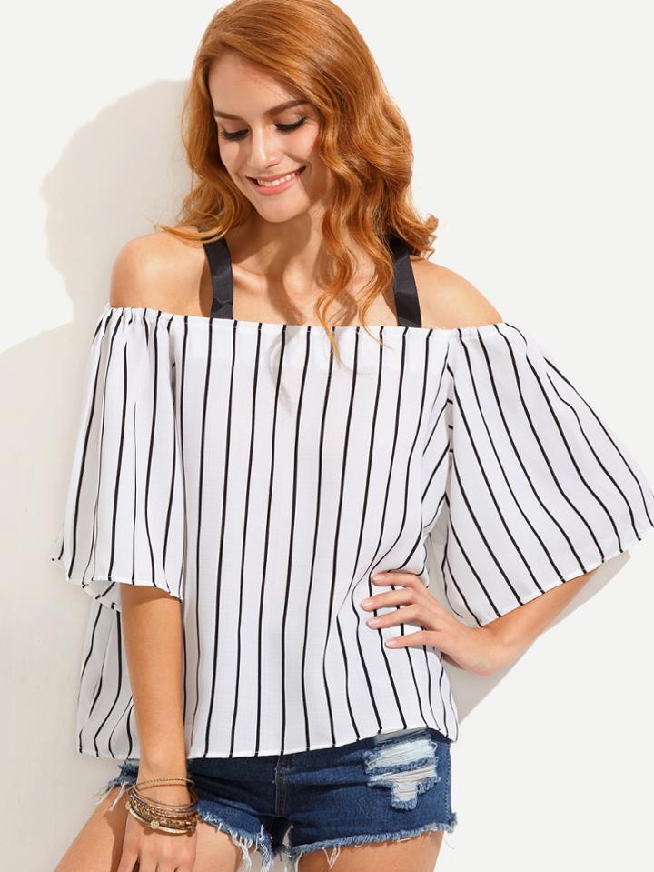 Romwe White Vertical Striped Cold Shoulder Top