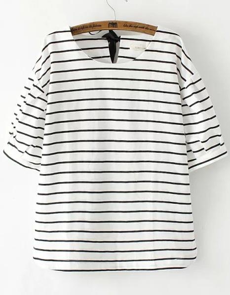 Romwe White Short Sleeve Striped Knotted Loose Blouse