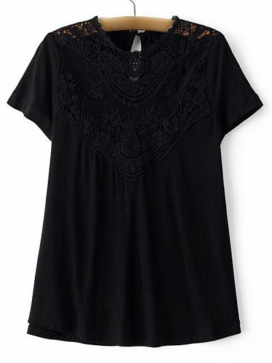 Romwe Black Embroidery Lace Key Hole Back T-shirt