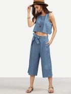 Romwe Blue Denim Sleeveless Top With Wide Leg Pants