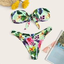 Romwe Botanical Bandeau With High Leg Bikini Set