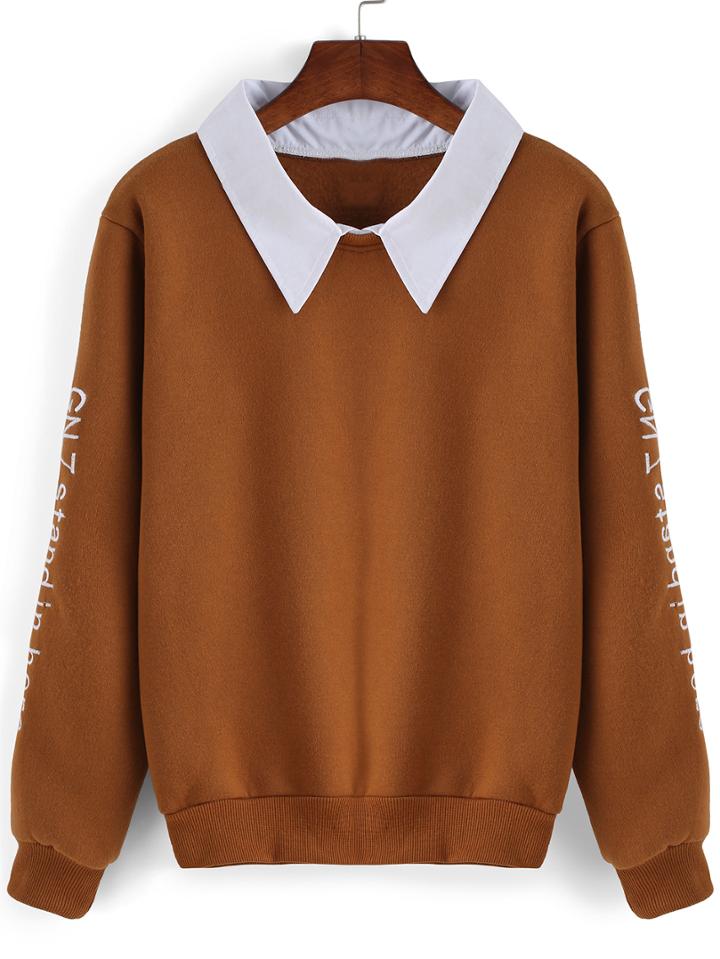 Romwe Contrast Collar Letter Embroidered Khaki Sweatshirt