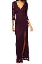 Romwe Romwe Split Front Hollow Lace V-neck Purple Maxi Dress