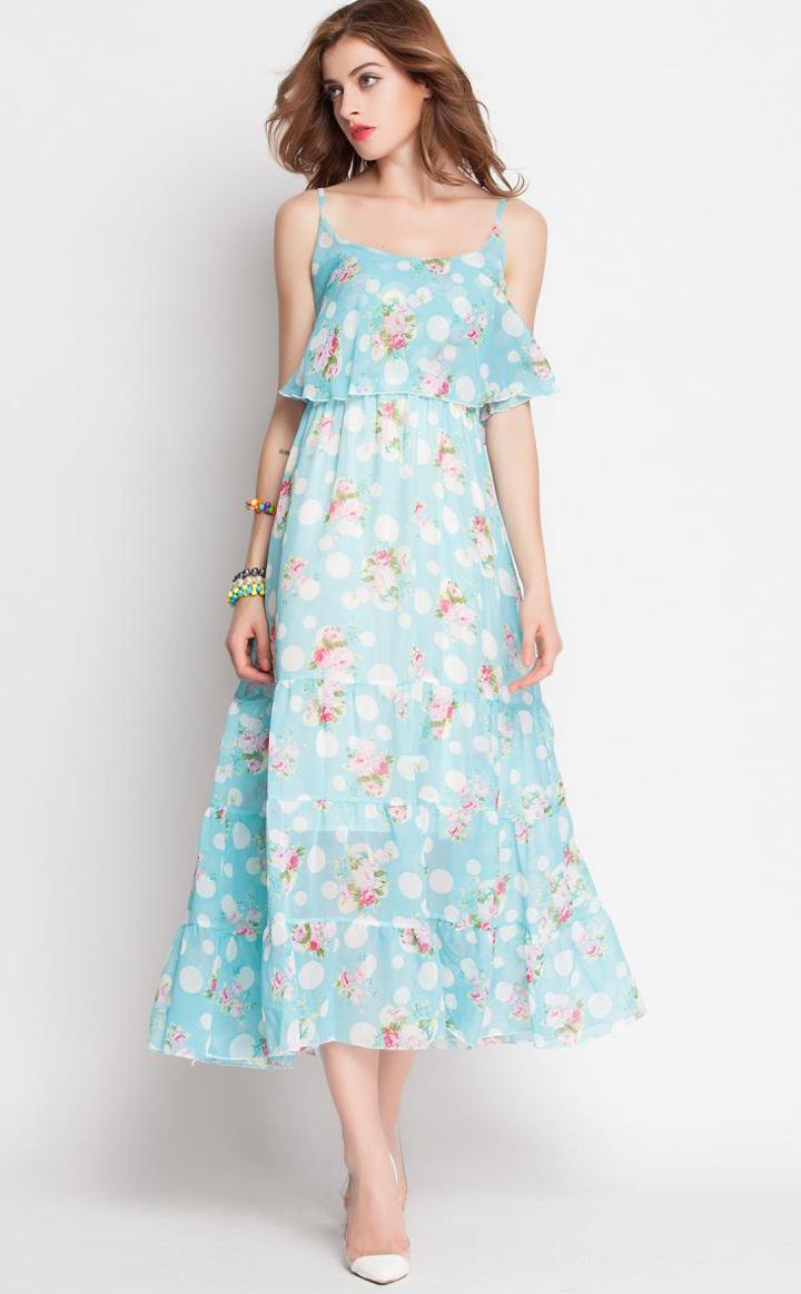 Romwe Spaghetti Strap Florals Chiffon Blue Dress