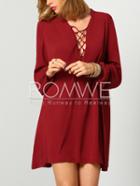 Romwe Red Long Sleeve Lace Up Dress