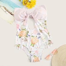Romwe Floral Ruffle Cut-out Knot Bandeau One Piece Swimwear