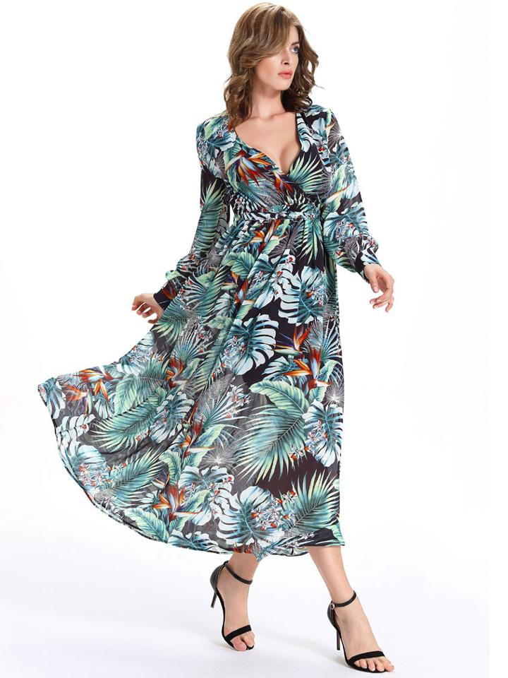 Romwe Green Tropical Print V Neck Self Tie Long Dress