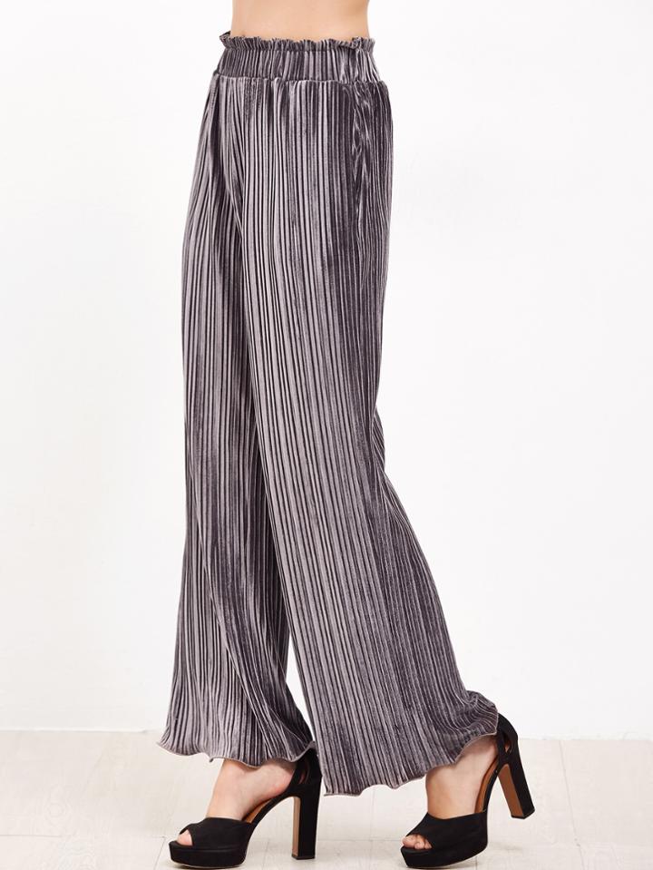 Romwe Grey Frilled Waist And Hem Wide Leg Pleated Velvet Pants