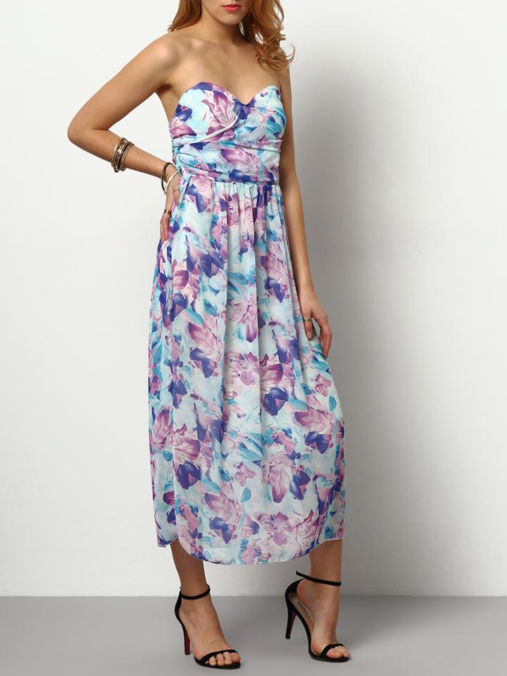 Romwe Sweetheart Neck Florals Chiffon Dress