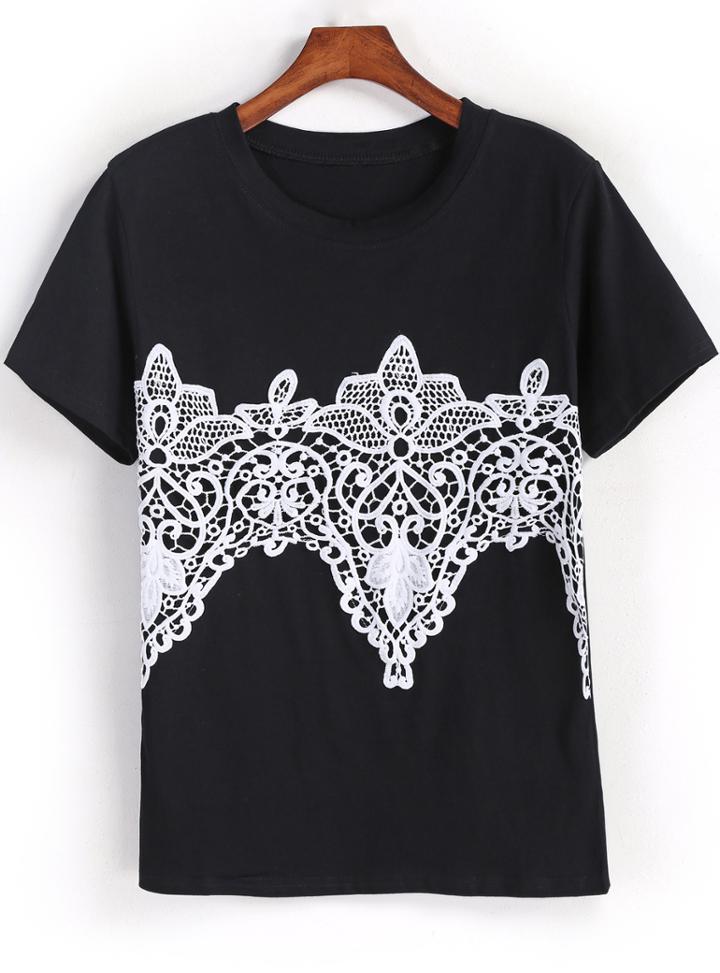 Romwe Black Short Sleeve Lace Embellished T-shirt