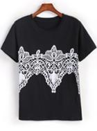 Romwe Black Short Sleeve Lace Embellished T-shirt