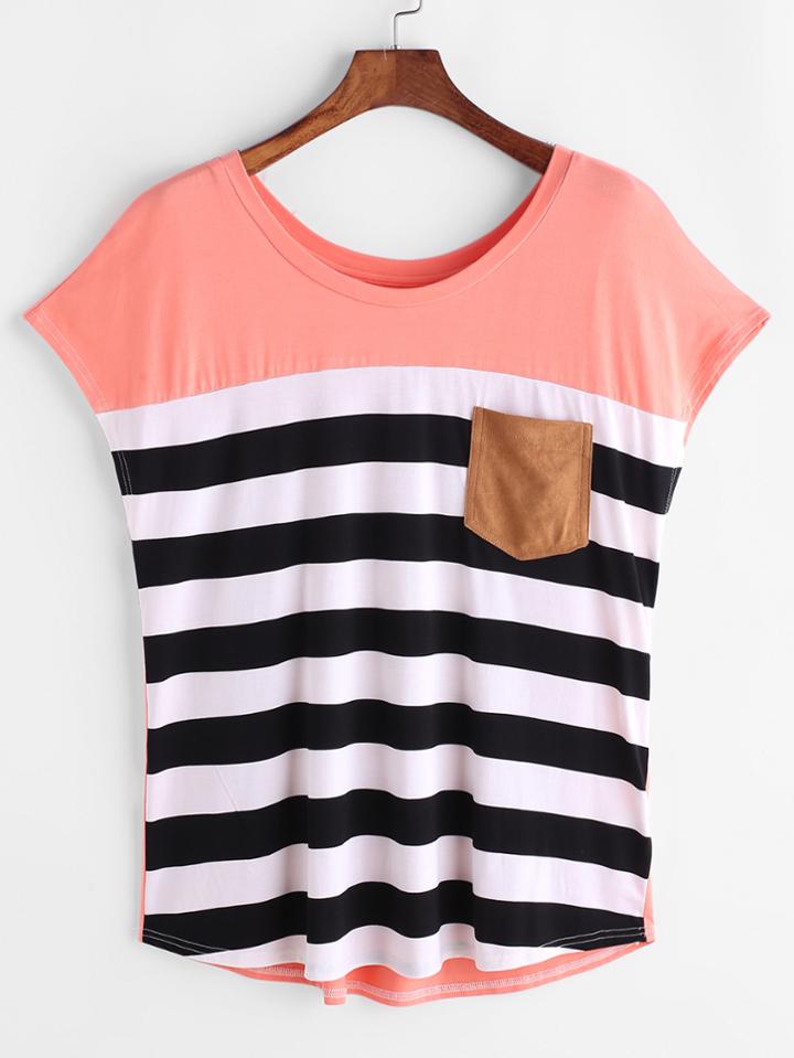 Romwe Striped Pocket Front Cap Sleeve Tee