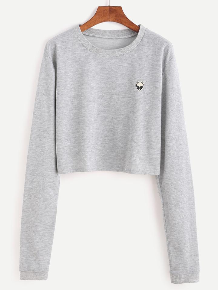 Romwe Grey Alien Embroidered Patch Crop Sweatshirt