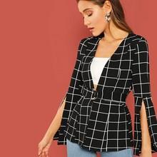 Romwe Grid Print Split Sleeve Belted Blazer