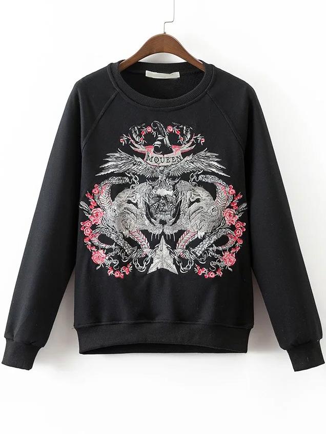 Romwe Black Embroidery Raglan Sleeve Sweatshirt