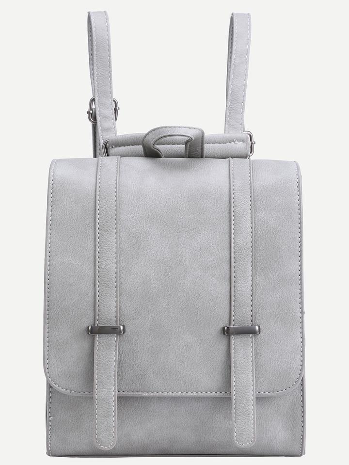 Romwe Dual Buckled Strap Flap Backpack - Grey