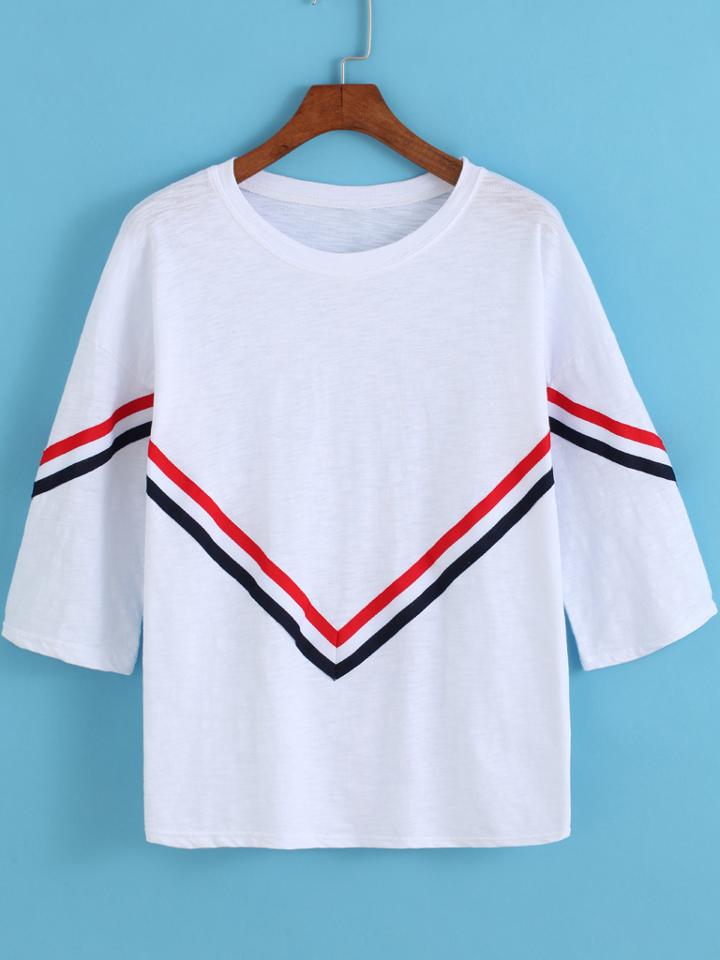 Romwe White Round Neck Striped Loose T-shirt
