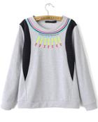 Romwe Grey Round Neck Embroidered Loose Sweatshirt