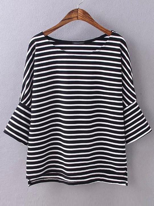 Romwe Black Stripped Split Dip Hem T-shirt