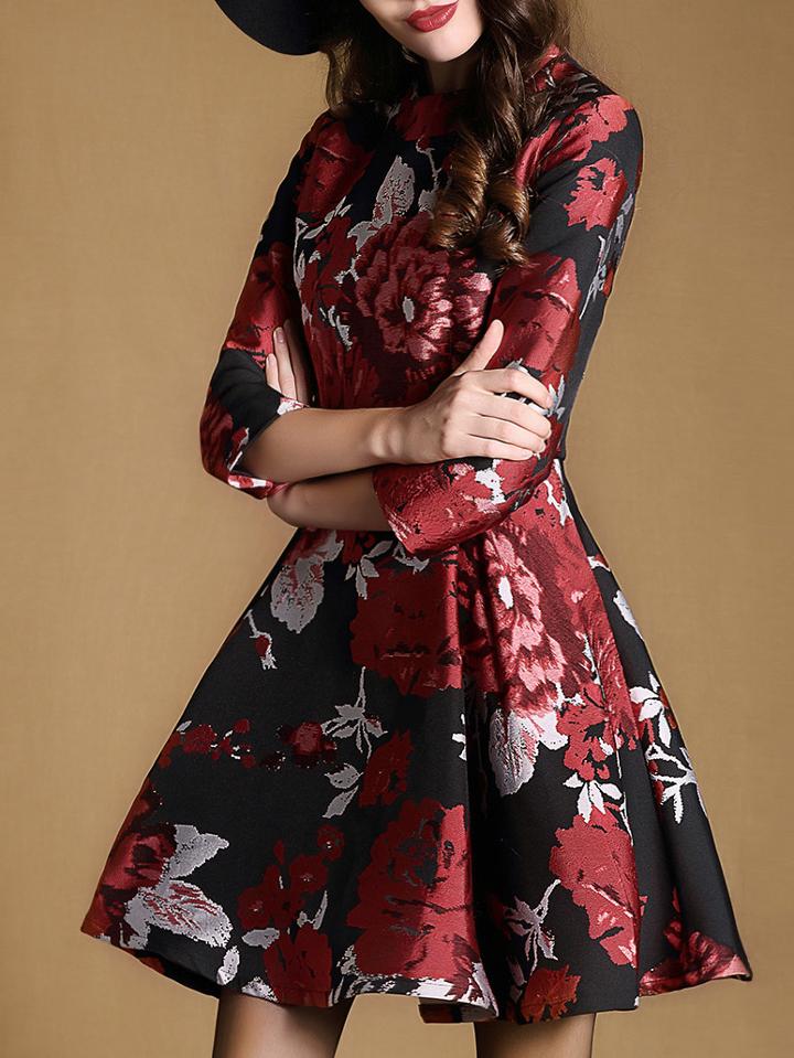 Romwe Red Round Neck Length Sleeve Print Dress