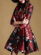 Romwe Red Round Neck Length Sleeve Print Dress