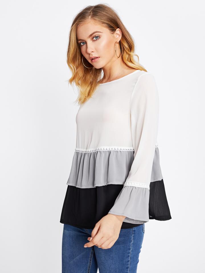 Romwe Contrast Tiered Frill Hem Crochet Trim Blouse