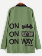 Romwe Green Letter Print Contrast Collar Zip Up Coat