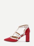 Romwe Red Faux Leather Studded Chunky Pumps
