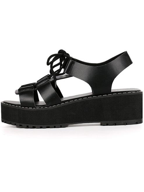 Romwe Black Lace Up Pu Strap Sandals