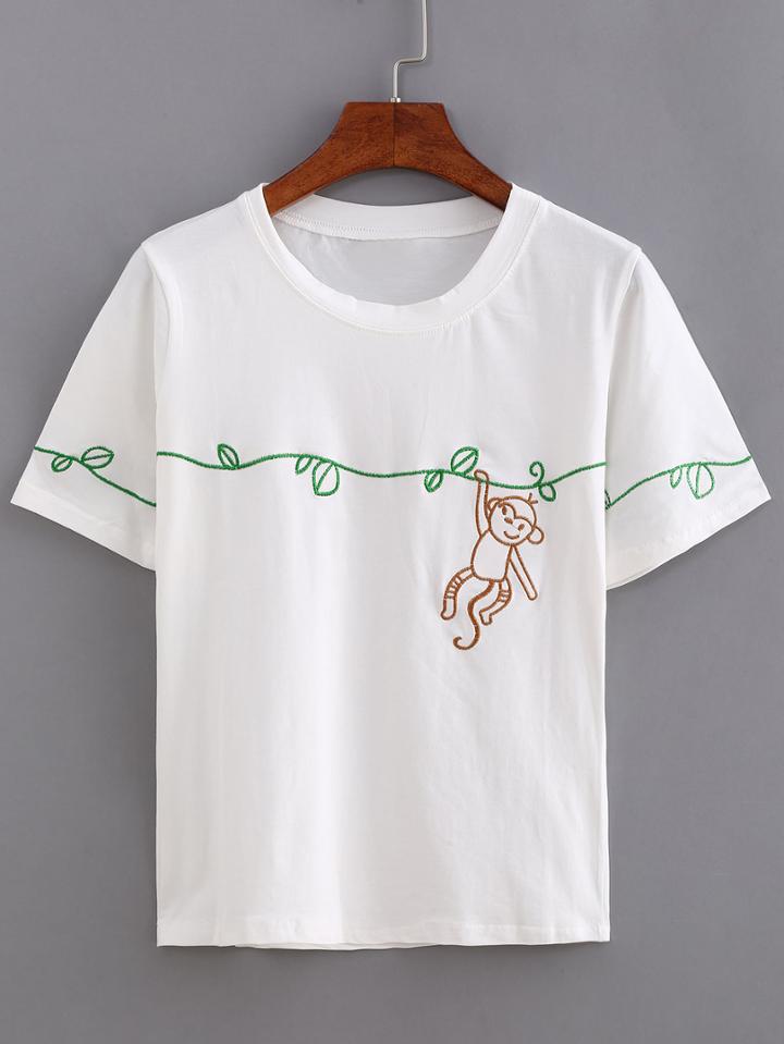 Romwe Monkey Embroidered T-shirt